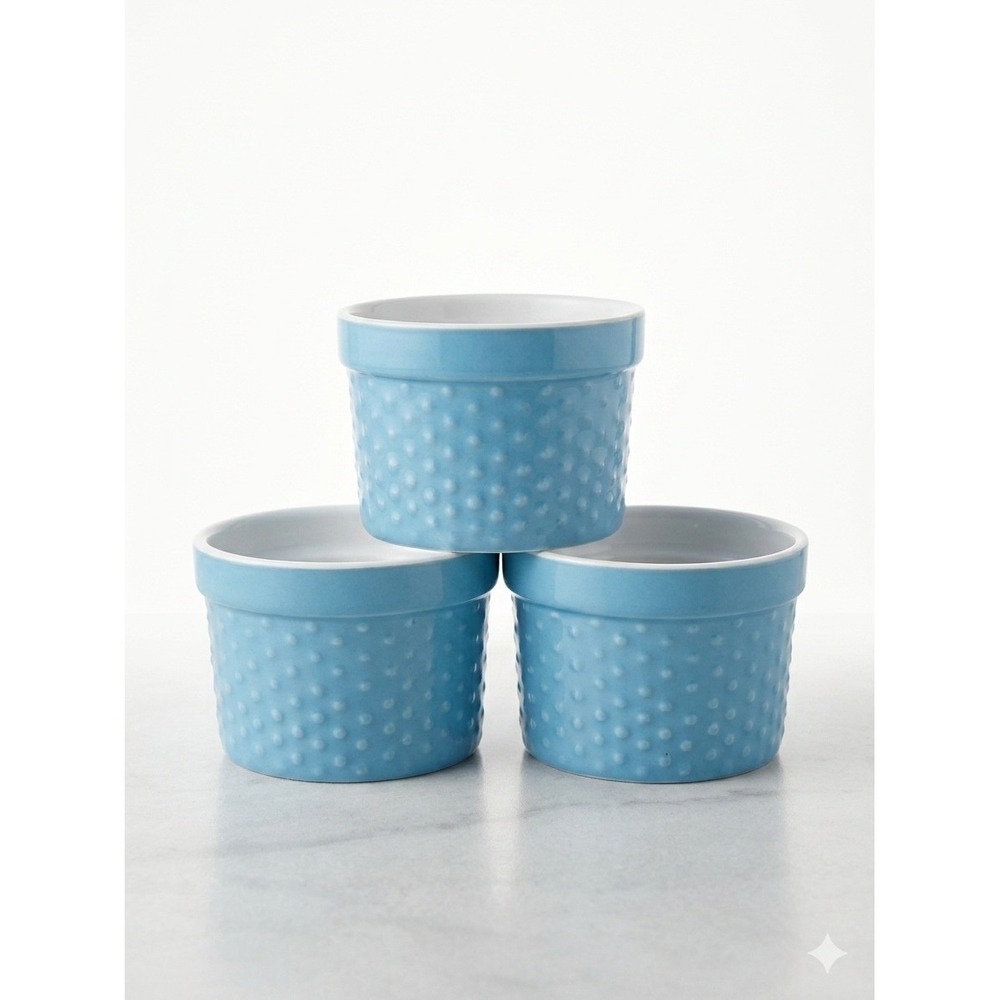 HomeEssentials Minis Blue Textured Ceramic Ramekins Set of 3 3.5oz Baking Dishes